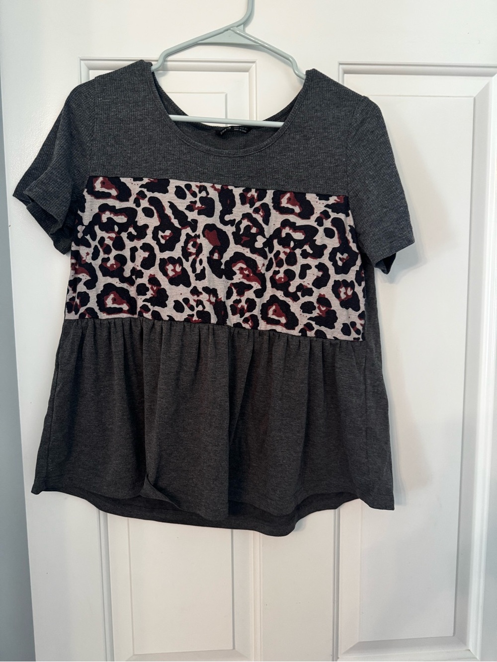 Short Sleeve Charcoal Top with Leopard Panel